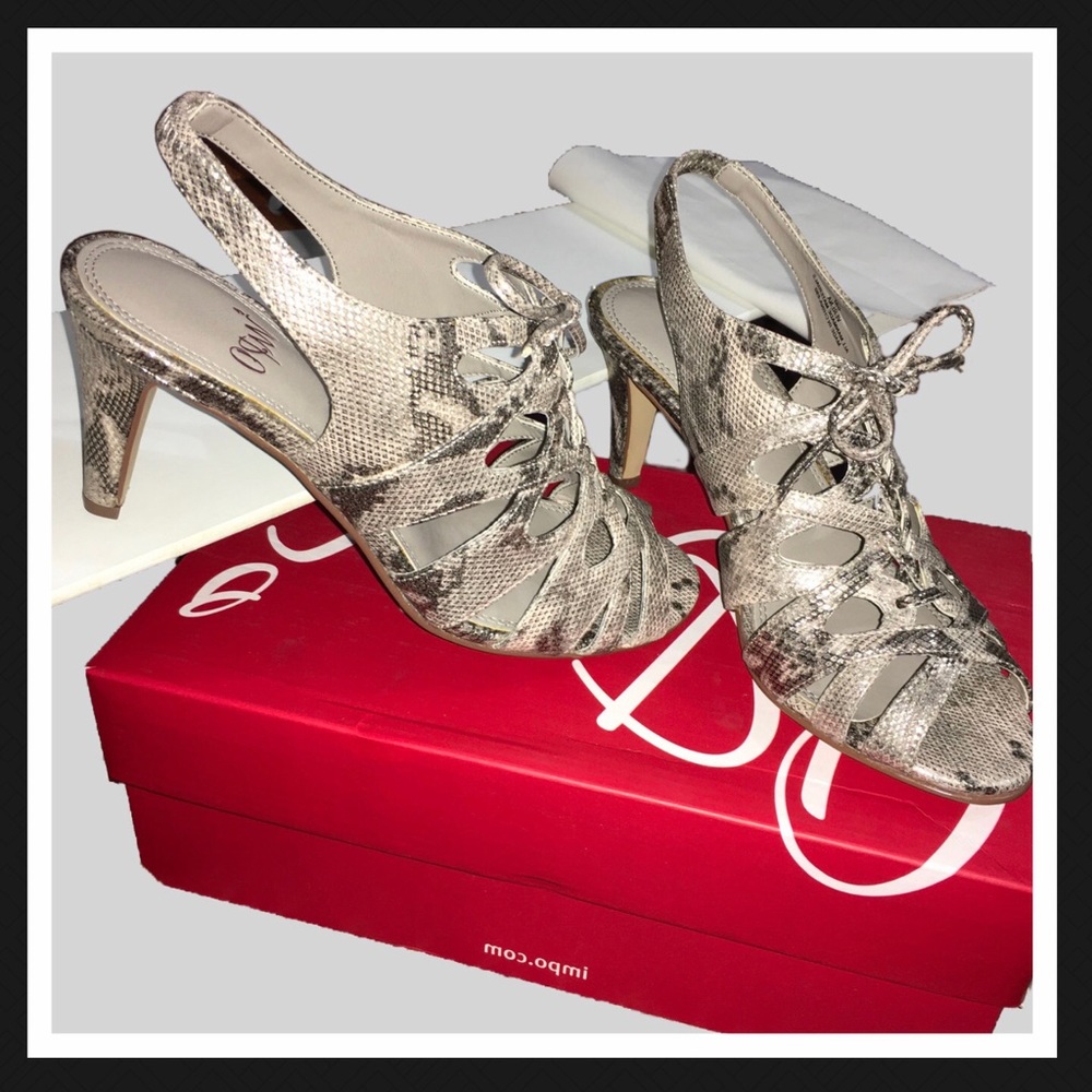 NIB IMPO sandal gold Sz6 3” heel lace-up python